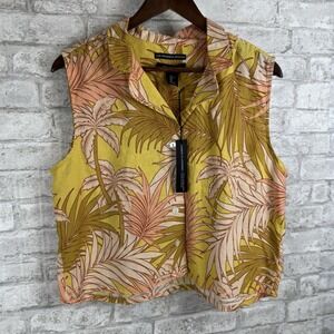 New Tahari 100% Linen European Flax Tropical Floral Sleeveless Button-Up Top‎ L